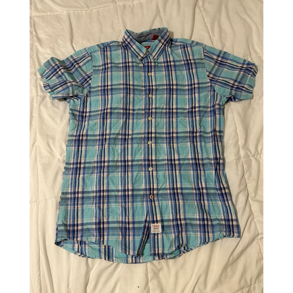 Izod Saltwater Blue Plaid Shirt Mens Size M Dockside Relaxed Beach Vacation